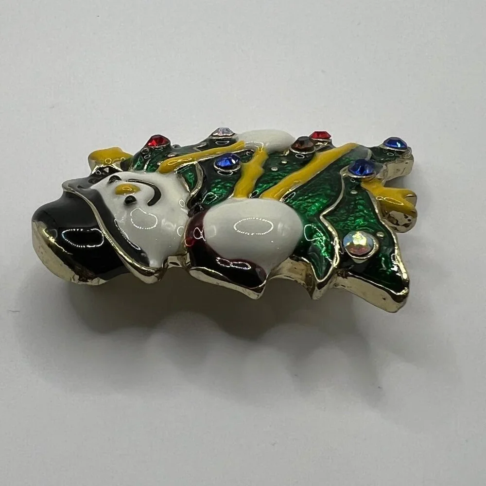 Vintage Snowman Brooch White Green Enamel and Crystal‎ Accent Pin